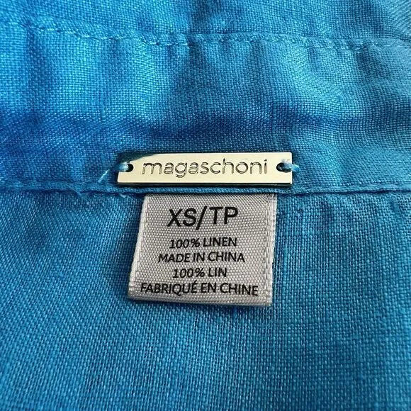 Magaschoni Turquoise Blue Button Up Shirt 100% Linen Boxy Women’s XS - Picture 6 of 9